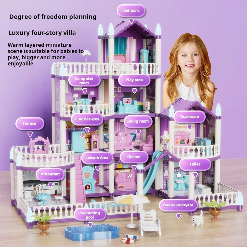 Kids Education Images - DIYドールハウス 女の子用 城型組み立て教育玩具 光るヴィラモデル ミニチュアハウスキット 家具セット