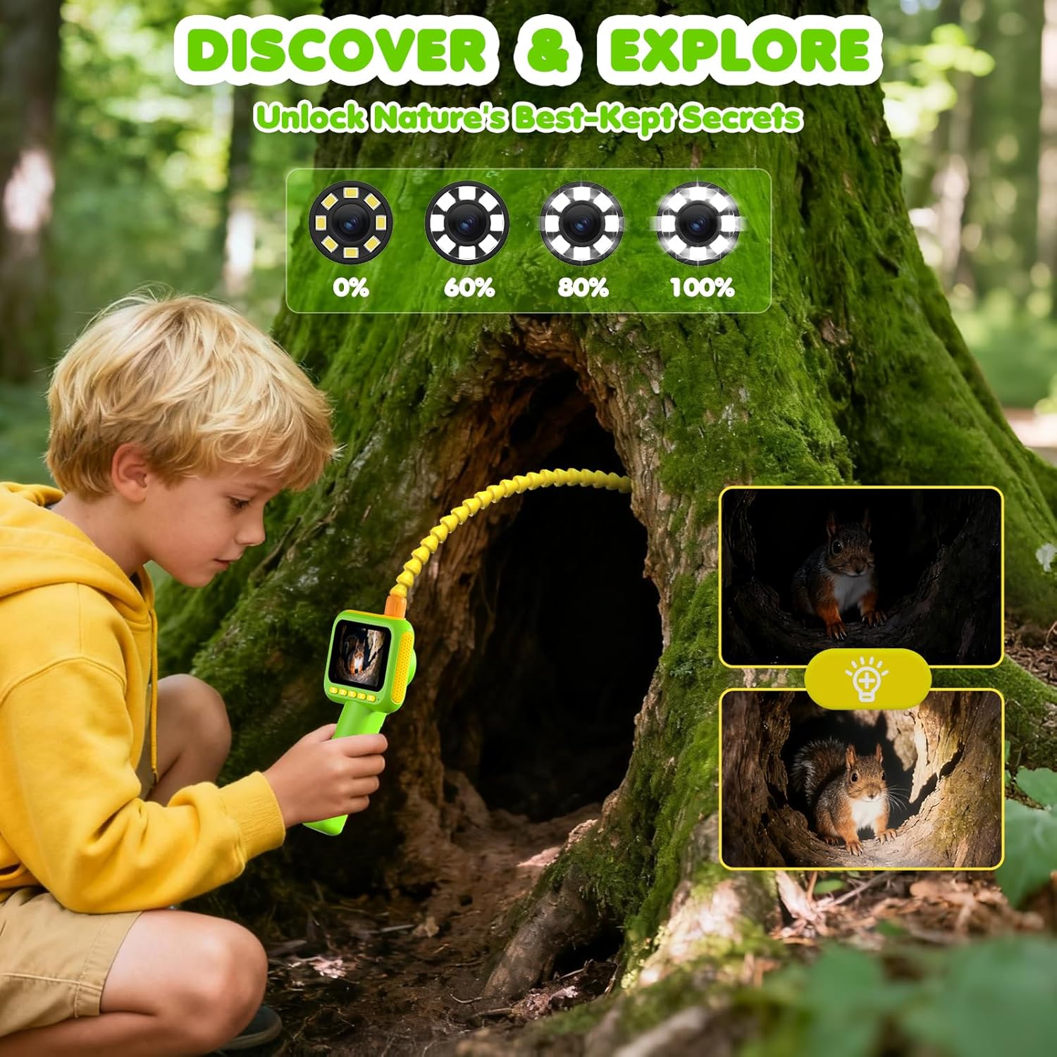 Kids Outdoor Education - 子供用内視鏡、ライト付きボアスコープスネークカメラおもちゃ、屋外キャンプ自然探検用STEM教育科学玩具
